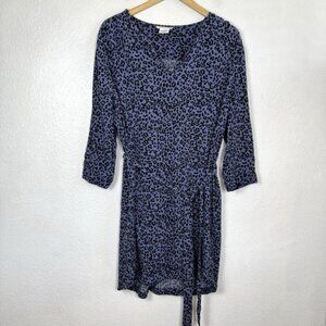 Beach Lunch Lounge Blue Leopard Dress Women's XL Rayon Black Belted Tie Animal